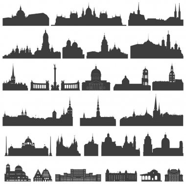 izole saraylar, tapınaklar, kiliseler, katedraller, kaleler, şehir salonları, yapılardır, eski binalar ve diğer mimari anıtları siluetleri vektör toplama