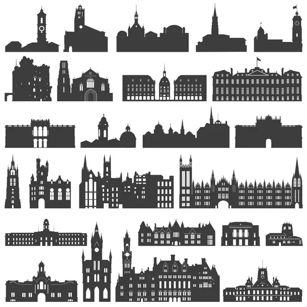 Vector collection of isolated palaces, temples, churches, cathedrals, castles, city halls, edifices,  ancient buildings and other architectural monuments silhouettes — Stock Vector