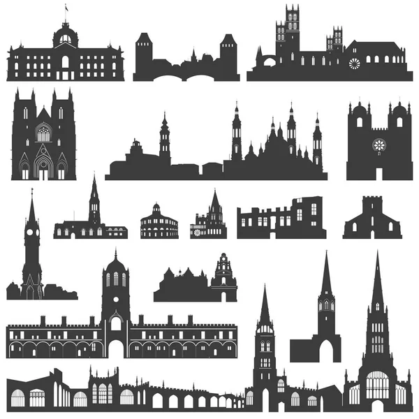 Colección vectorial de palacios aislados, templos, iglesias, catedrales, castillos, ayuntamientos, edificios, edificios antiguos y otros monumentos arquitectónicos siluetas — Vector de stock