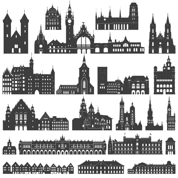 Vector collection of isolated palaces, temples, churches, cathedrals, castles, city halls, edifices,  ancient buildings and other architectural monuments silhouettes — Stock Vector