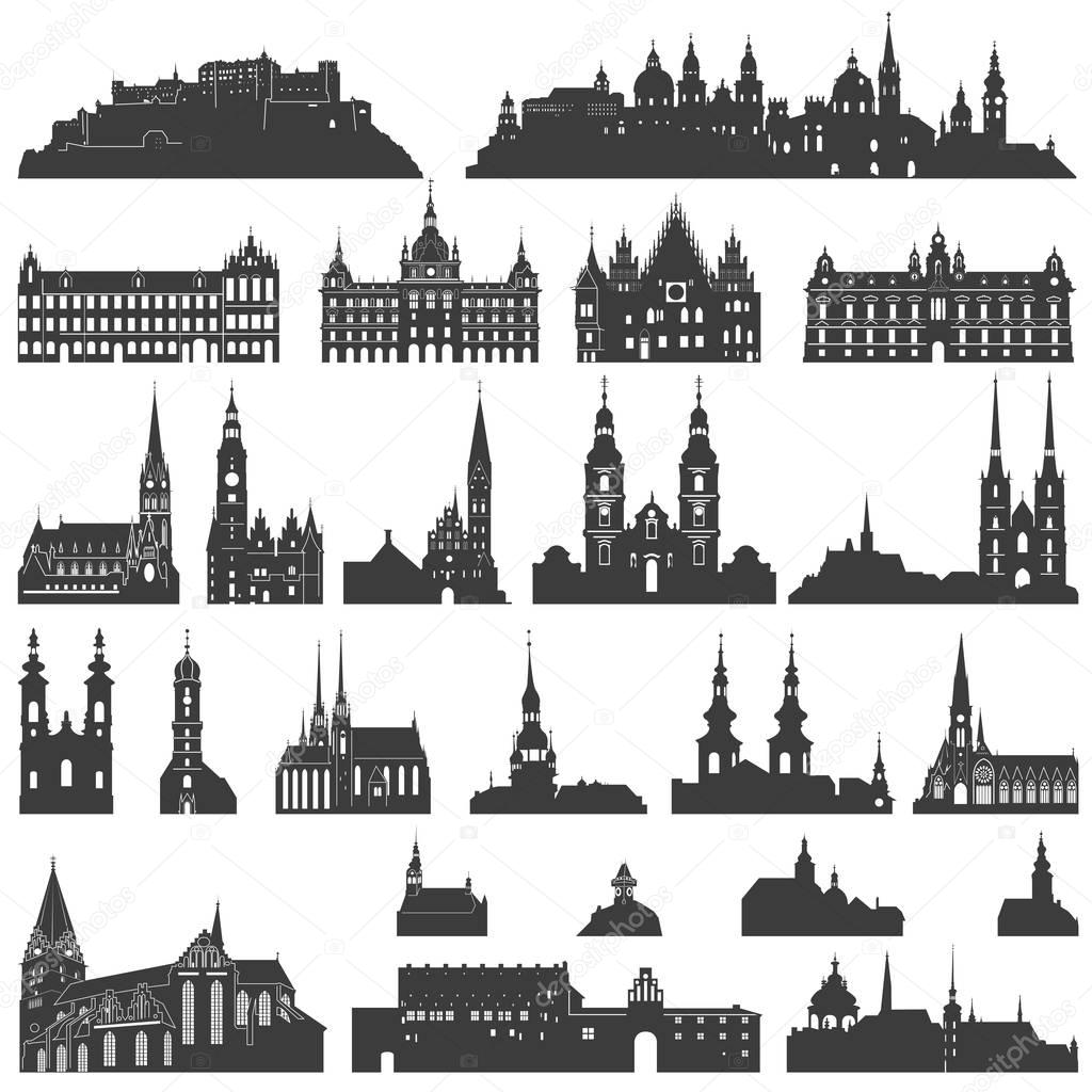 vector collection of isolated palaces, temples, churches, cathedrals, castles, city halls, edifices,  ancient buildings and other architectural monuments silhouettes