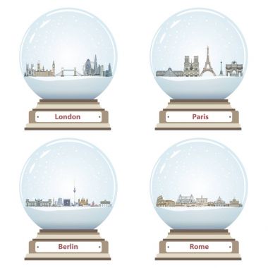 içinde Londra, Paris, Berlin ve Roma şehir siluetleri ile vektör kar küreleri