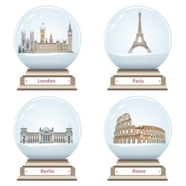 vektör kar küresi ile Londra, Paris, Berlin ve Roma yerler içinde