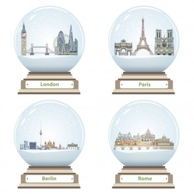 vektör kar küresi ile Londra, Paris, Berlin ve Roma yerler içinde