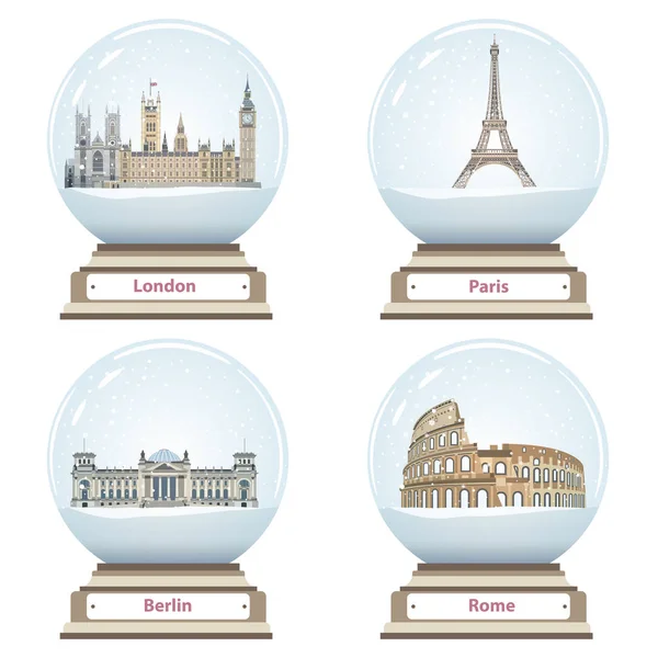 Векторні глобуси сніг з Лондоні, Парижі, Берліні, Римі визначні місця всередині — стоковий вектор