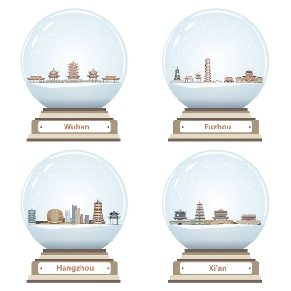 Vector snow globes with abstract chinese city skylines inside — Stock Vector