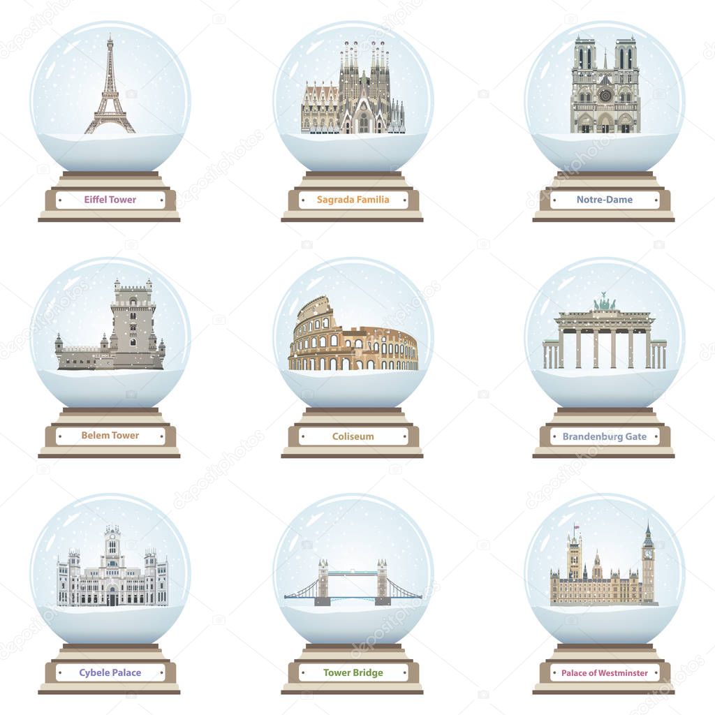 vector snow globes with european landmarks icons inside