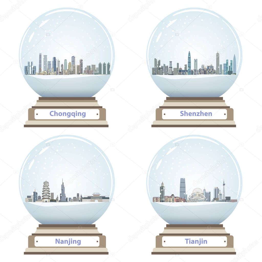 vector snow globes with abstract chinese city skylines inside
