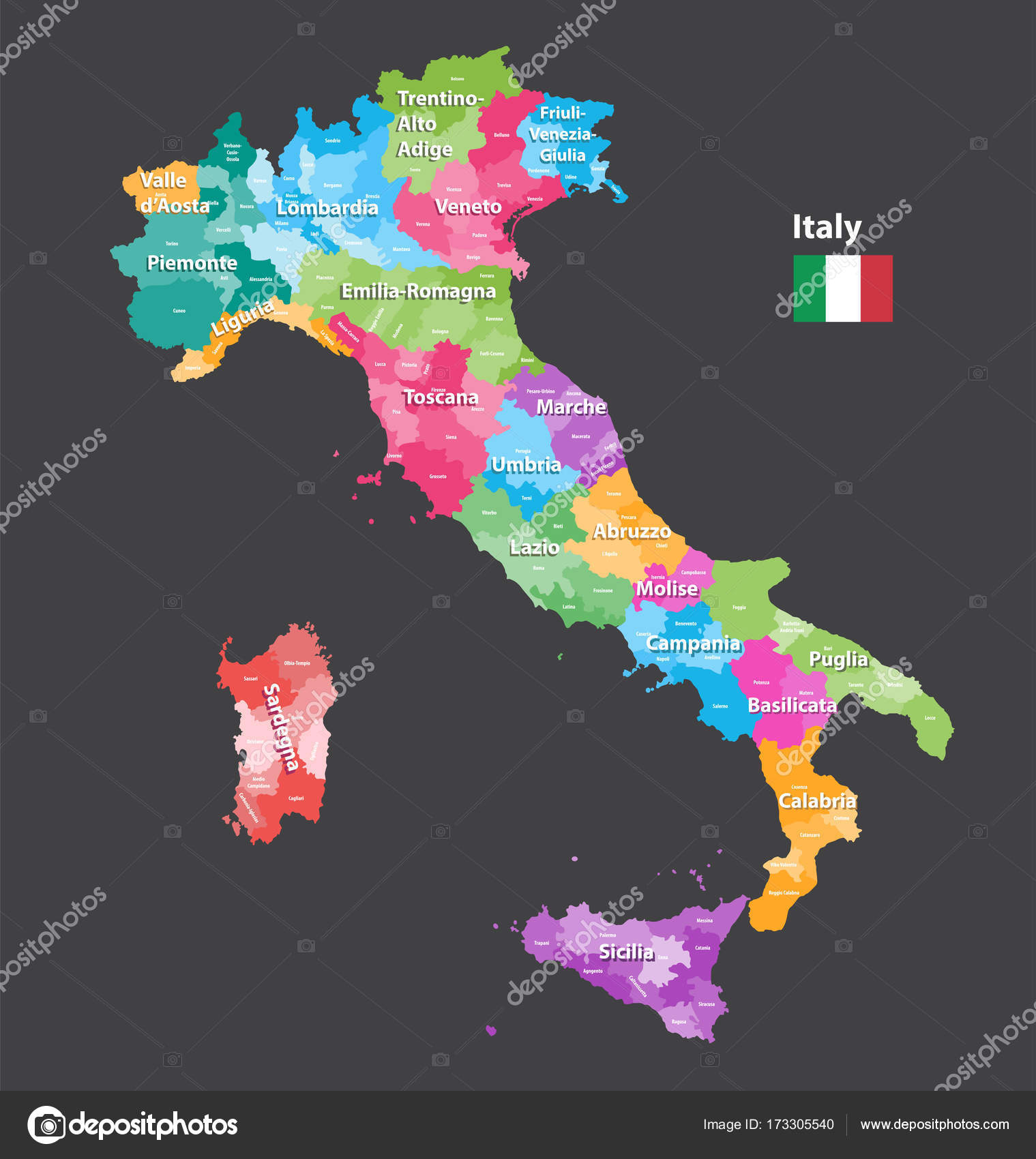 Vector Italy provinces map colored by regions. All layers detachable and  labeled. Stock Vector Image by ©Jktu_21 #173305540