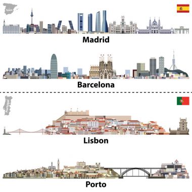 vector illustrations of Madrid, Barcelona, Lisbon and Porto city skylines. Maps and flags of Spain and Portugal clipart
