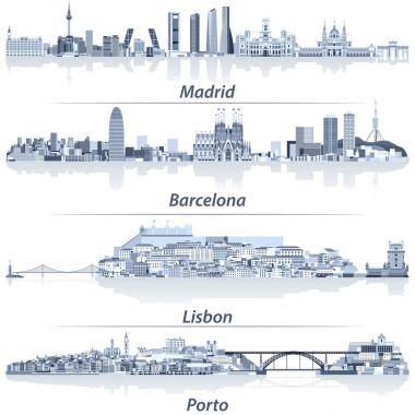 Madrid, Barcelona, Lizbon ve Porto şehir silueti su yansımaları ile açık mavi renk paletindeki tasarlamak vektör çizim