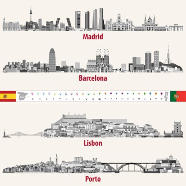 Vector skylines of Madrid, Barcelona, Lisbon and Porto cities in grey scales color palette. Flags and maps of Spain and Portugal. Navigation and location icons. clipart