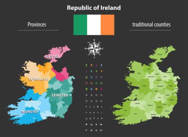Republic of Ireland provinces and traditional counties vector map clipart