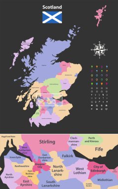 vector map of Scotland unitary authorities with close up of region include city of Edinburgh and Glasgow city. Flag of Scotland. Navigation, location and travel icons clipart