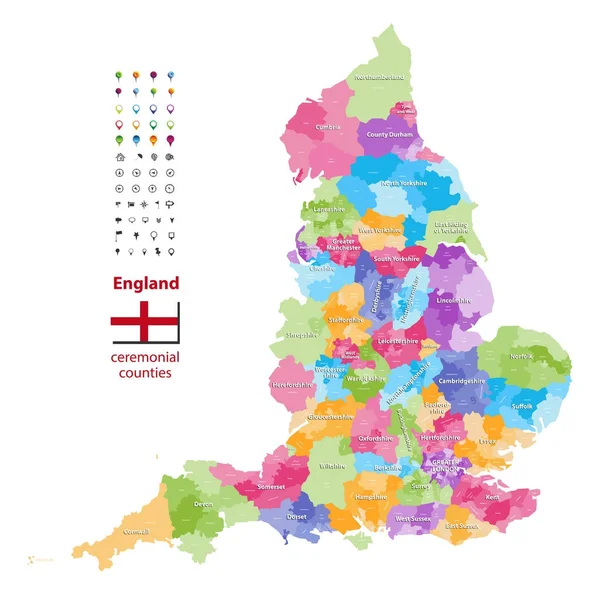 Mapa vetorial dos condados cerimoniais da Inglaterra. Bandeira da Inglaterra. Ícones de navegação e localização — Vetor de Stock