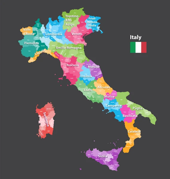 Vector Italia provincias mapa coloreado por regiones. Todas las capas desmontables y etiquetadas . — Archivo Imágenes Vectoriales