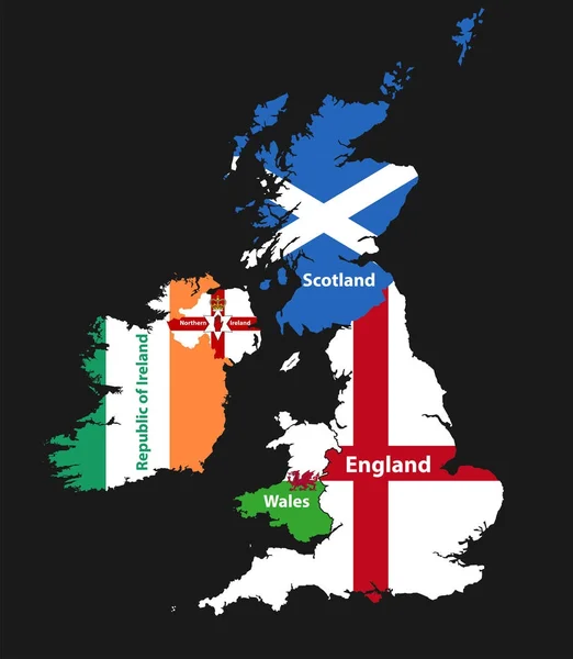 Landen van de Britse eilanden: Verenigd Koninkrijk (Engeland, Schotland, Wales, Noord-Ierland) en van Ierland kaart in combinatie met vlaggen — Stockvector