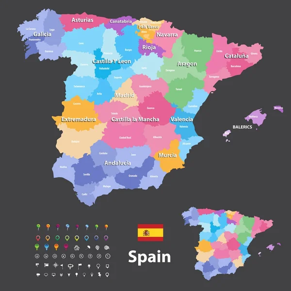 Autonomních Společenství a provincií Vektorová mapa Španělska. Ikony navigace, umístění a cestování — Stockový vektor