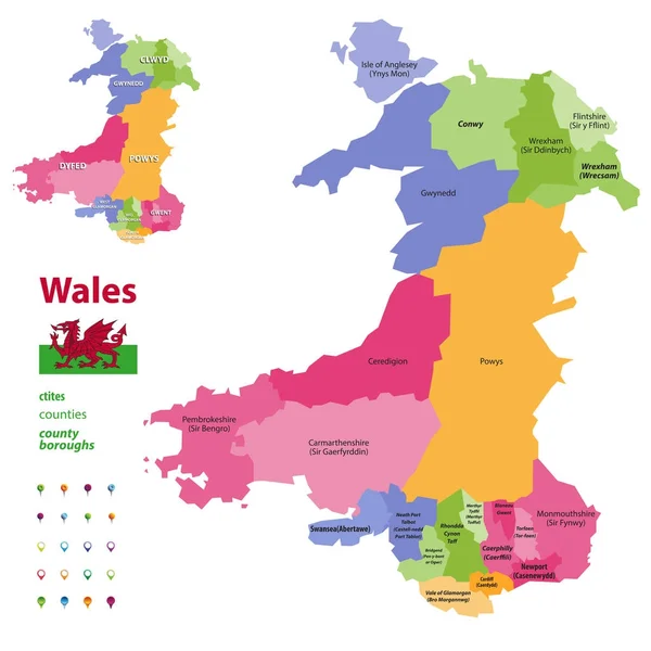 Condados preservados do País de Gales vetorial mapa administrativo com distritos (cidades, condados e boroughs da cidade). As formas em galês são dadas entre parênteses, onde diferem das formas em inglês. . — Vetor de Stock