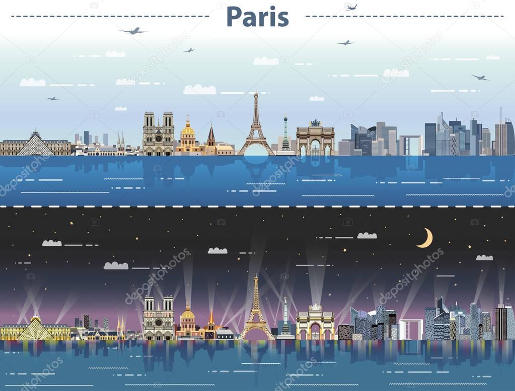 vector Paris city skyline at day and night