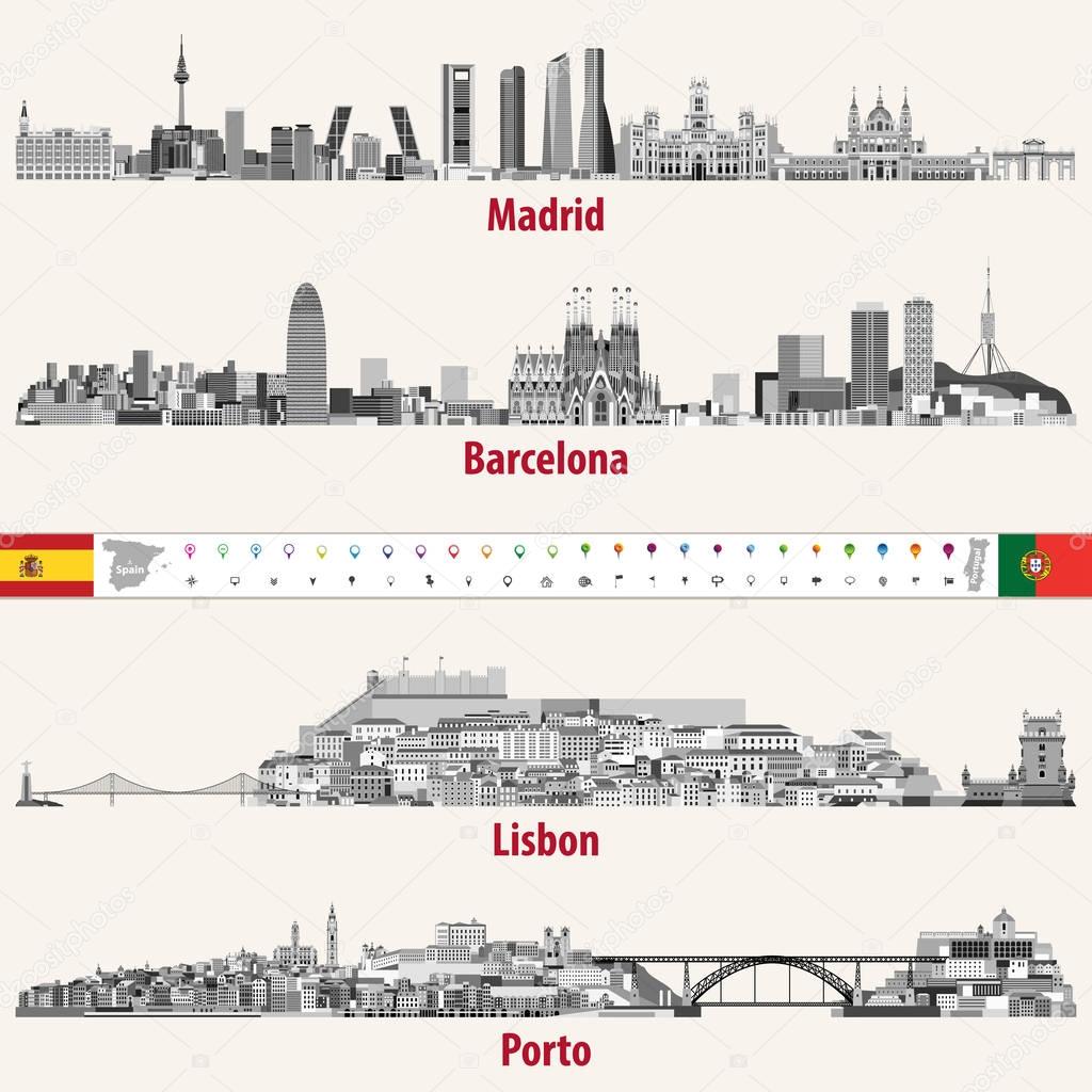 Vector skylines of Madrid, Barcelona, Lisbon and Porto cities in grey scales color palette. Flags and maps of Spain and Portugal. Navigation and location icons.