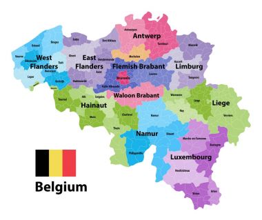 İl ve idari alt bölümleri (belediye), ilçelerin tarafından renkli gösteren Belçika vektör harita