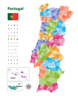 vektör harita Portekiz ilçe ve özerk bölge, belediyeler bölünmüştür. Her bölge kendi renk paleti var. Portekiz bayrağı. Gezinti, konumu ve seyahat simgeleri