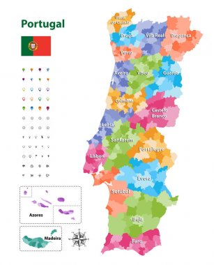 vector map of Portugal districts and autonomous regions, subdivided into municipalities. Each region have own color palette. Flag of Portugal. Navigation, location and travel icons clipart