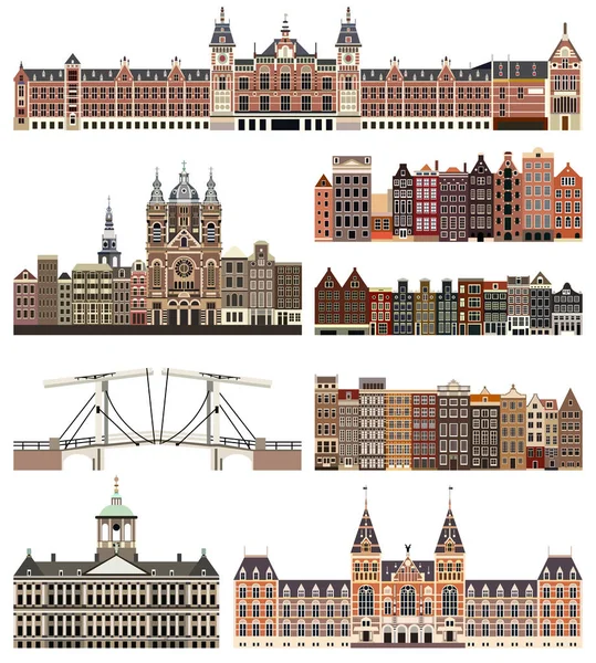 阿姆斯特丹城市的矢量隔离建筑和地标 — 图库矢量图片