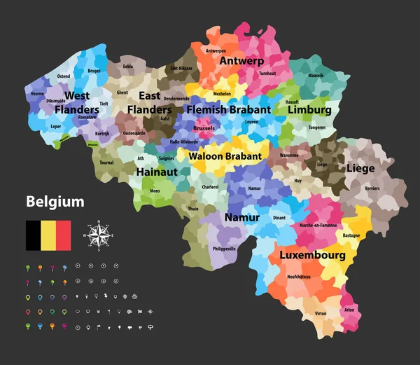 比利时矢量地图显示省和行政细分 自治市 上色由郡 — 图库矢量图片