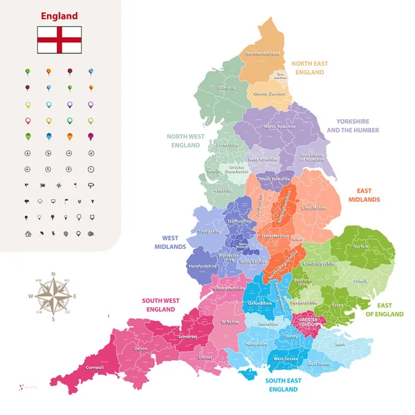 Inglaterra Condados Cerimoniais Mapa Vetorial Colorido Por Regiões — Vetor de Stock