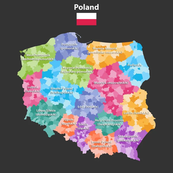 波兰省 Voivodeships 的矢量地图与行政区划 波兰人名字在括号里给 他们与英国一个不同 — 图库矢量图片