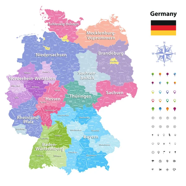 Germania Mappa Vettoriale Colorata Stati Distretti Amministrativi Con Suddivisioni — Vettoriale Stock