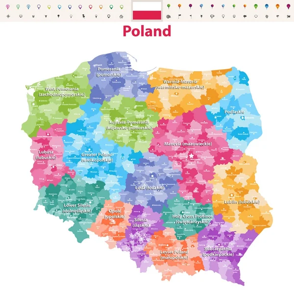Mapa Vetorial Das Províncias Polónia Conhecidas Como Voivodias Com Divisões — Vetor de Stock