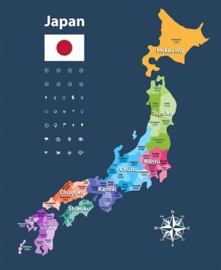 Japan prefectures vector map colored be regions. Japanese names gives in parentheses. Flag of Japan clipart