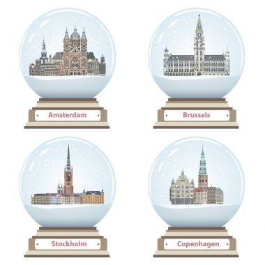 Amsterdam, Brüksel, Stockholm ve Kopenhag şehirler yerler içinde ile izole kar küreleri vektör