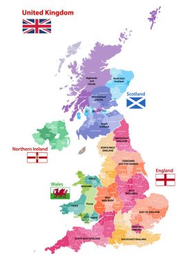 İngiltere ülke, il ve bölge tarafından renkli vektör harita