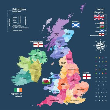 vector map of British Isles administrative divisions colored by countries and regions. Districts and counties maps and flags of United Kingdom,Northern Ireland, Wales, Scotland and Republic of Ireland