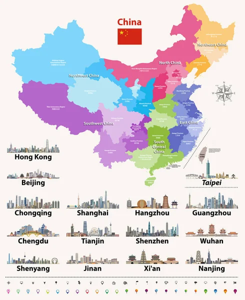 Vector Map China Provinces Colored Regions — Stock Vector