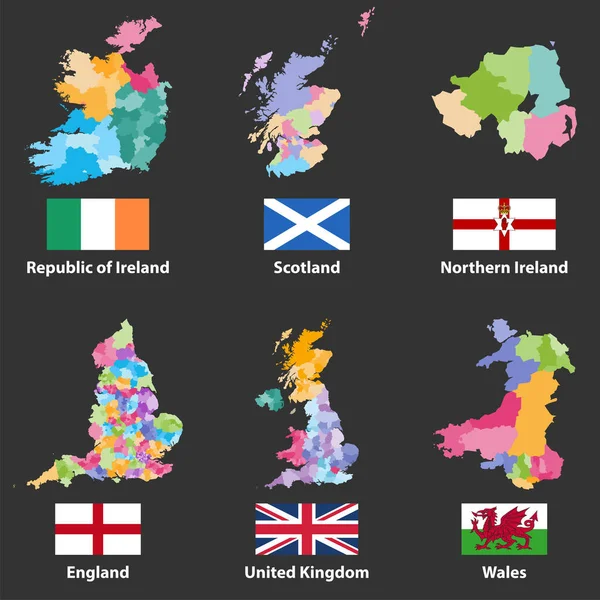 Векторные Карты Флаги Республики Ирландия Шотландии Северной Ирландии Англии Великобритании — стоковый вектор