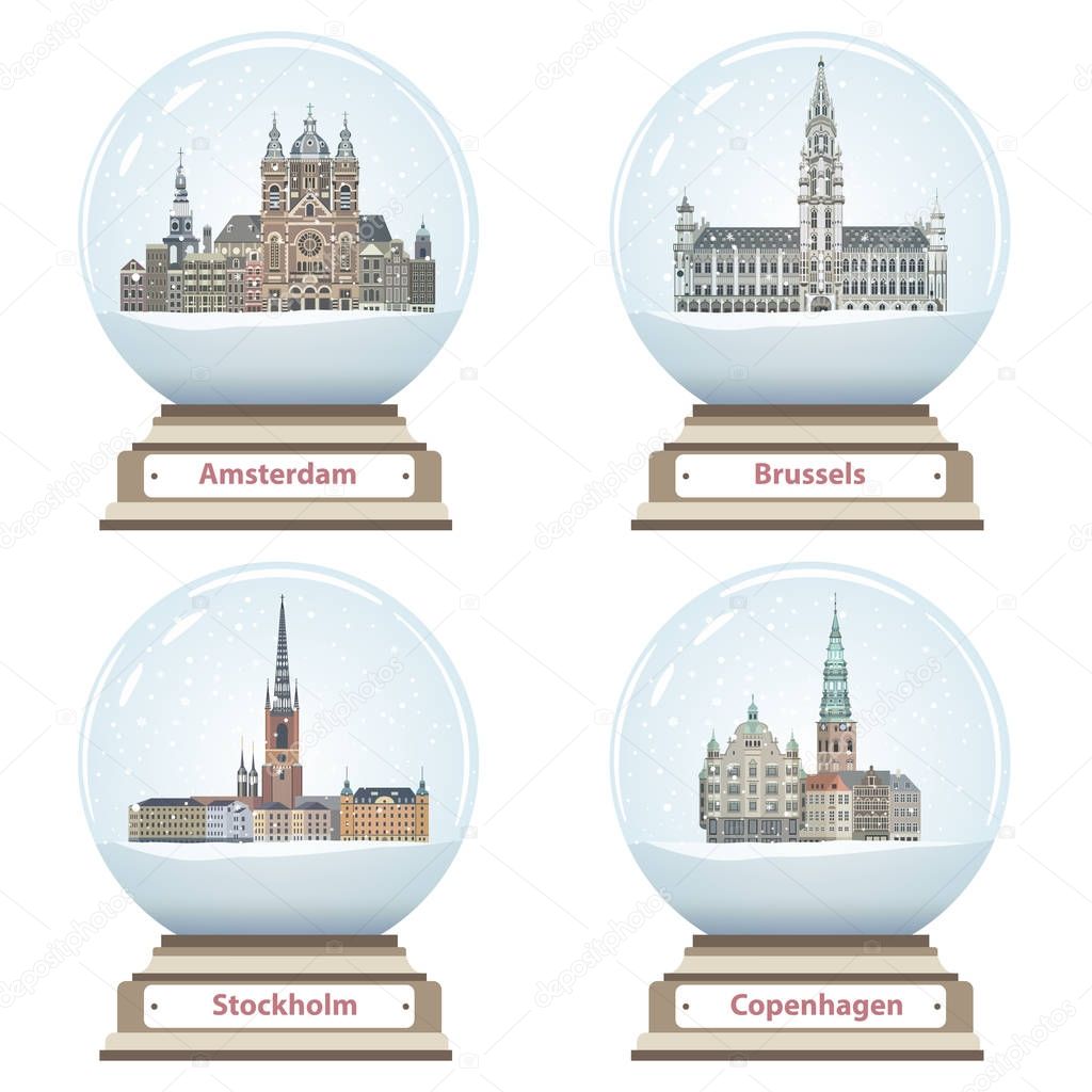 vector isolated snow globes with Amsterdam, Brussels, Stockholm and Copenhagen cities landmarks inside