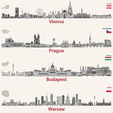 Viyana, Prag, Budapeşte ve Varşova şehir silueti vektör. Haritalar ve Avusturya, Çek Cumhuriyeti, Budapeşte ve Polonya bayrakları.