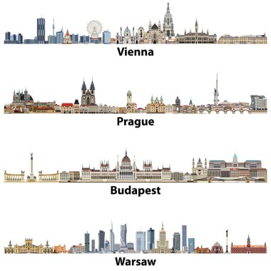 vector city skylines of Vienna, Prague, Budapest and Warsaw