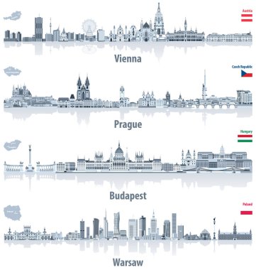 Viyana, Prag, Budapeşte ve Varşova soyut şehir silueti ışık masmavi renk paletindeki vector. Bayraklar ve Avusturya, Çek Cumhuriyeti, Macaristan ve Polonya haritaları