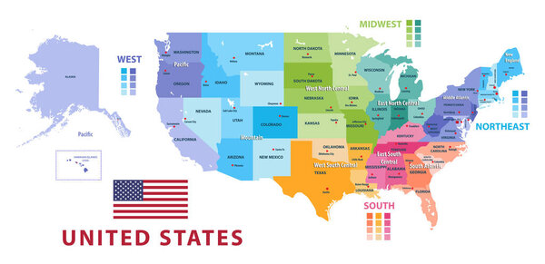 United States census bureau regions and divisions vector map. Flag of United States of America