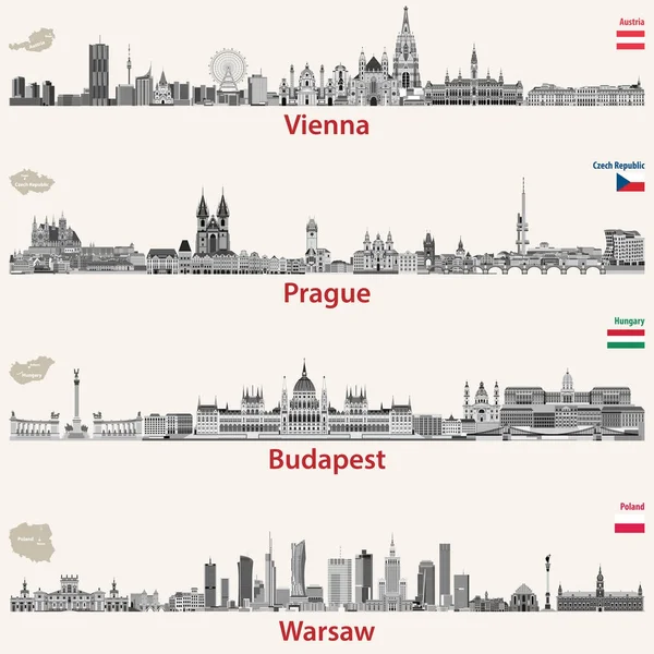Viyana, Prag, Budapeşte ve Varşova şehir silueti vektör. Haritalar ve Avusturya, Çek Cumhuriyeti, Budapeşte ve Polonya bayrakları.