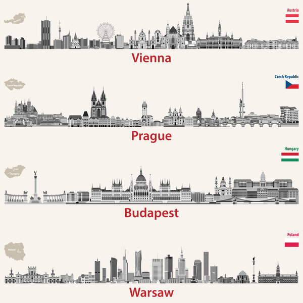 vector city skylines of Vienna, Prague, Budapest and Warsaw. Maps and flags of Austria, Czech Republic, Budapest and Poland.