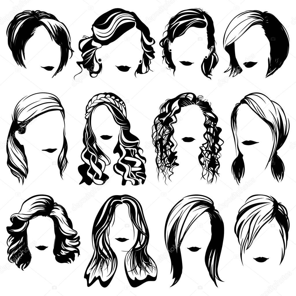 Vector women fashion hairstyle high detailed silhouettes