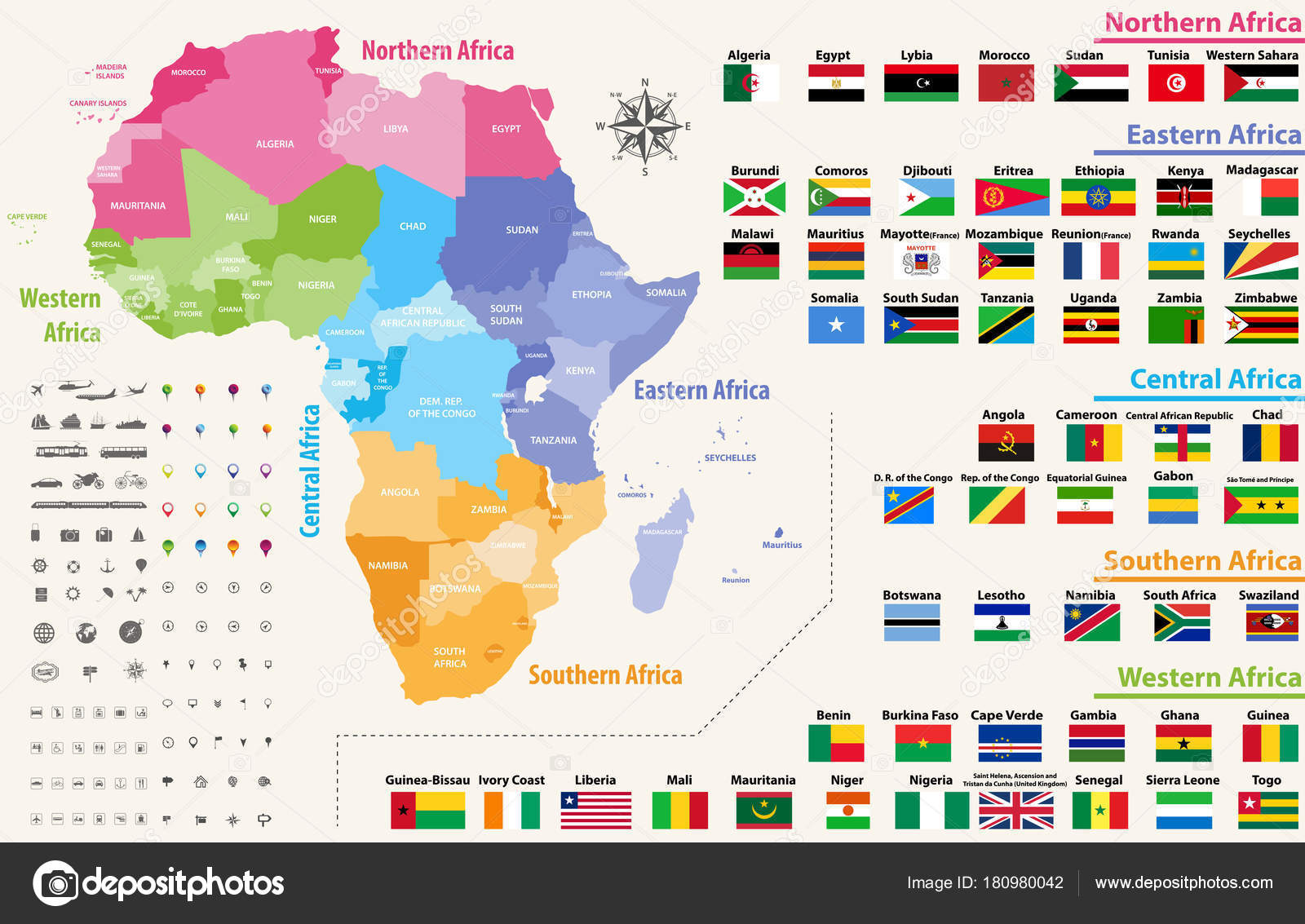 Conjunto de bandeiras de países de diferentes regiões em estilo