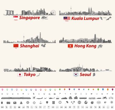 soyut şehir silueti Singapur, Kuala Lumpur, Shanghai, Hong Kong, Tokyo ve Seul vektör. Haritalar ve Singapur, Malezya, Çin, Hong Kong, Japonya ve Güney Kore bayrakları. Konumu ve seyahat simgeler